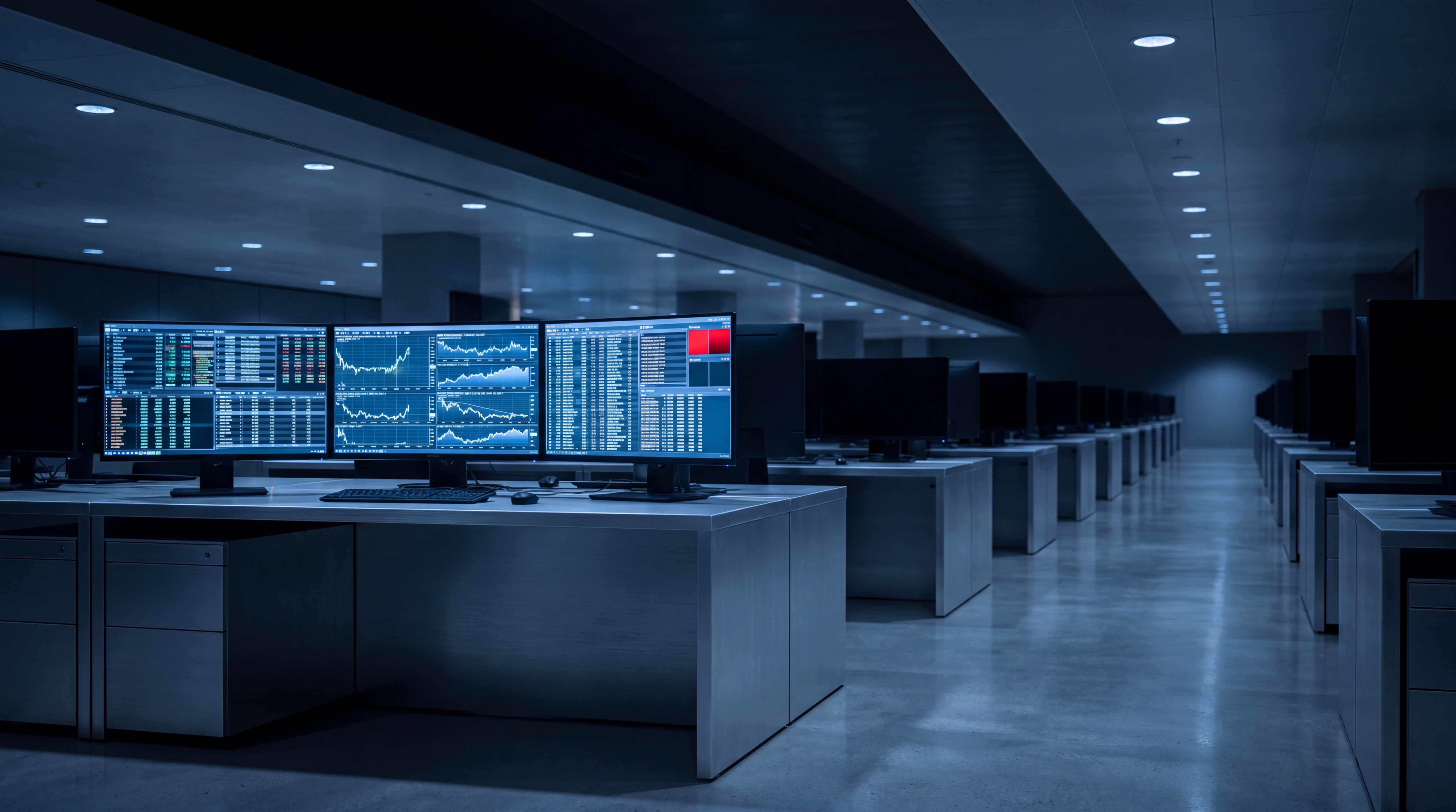 Pre-dawn institutional trading floor — multi-monitor reconciliation workstation