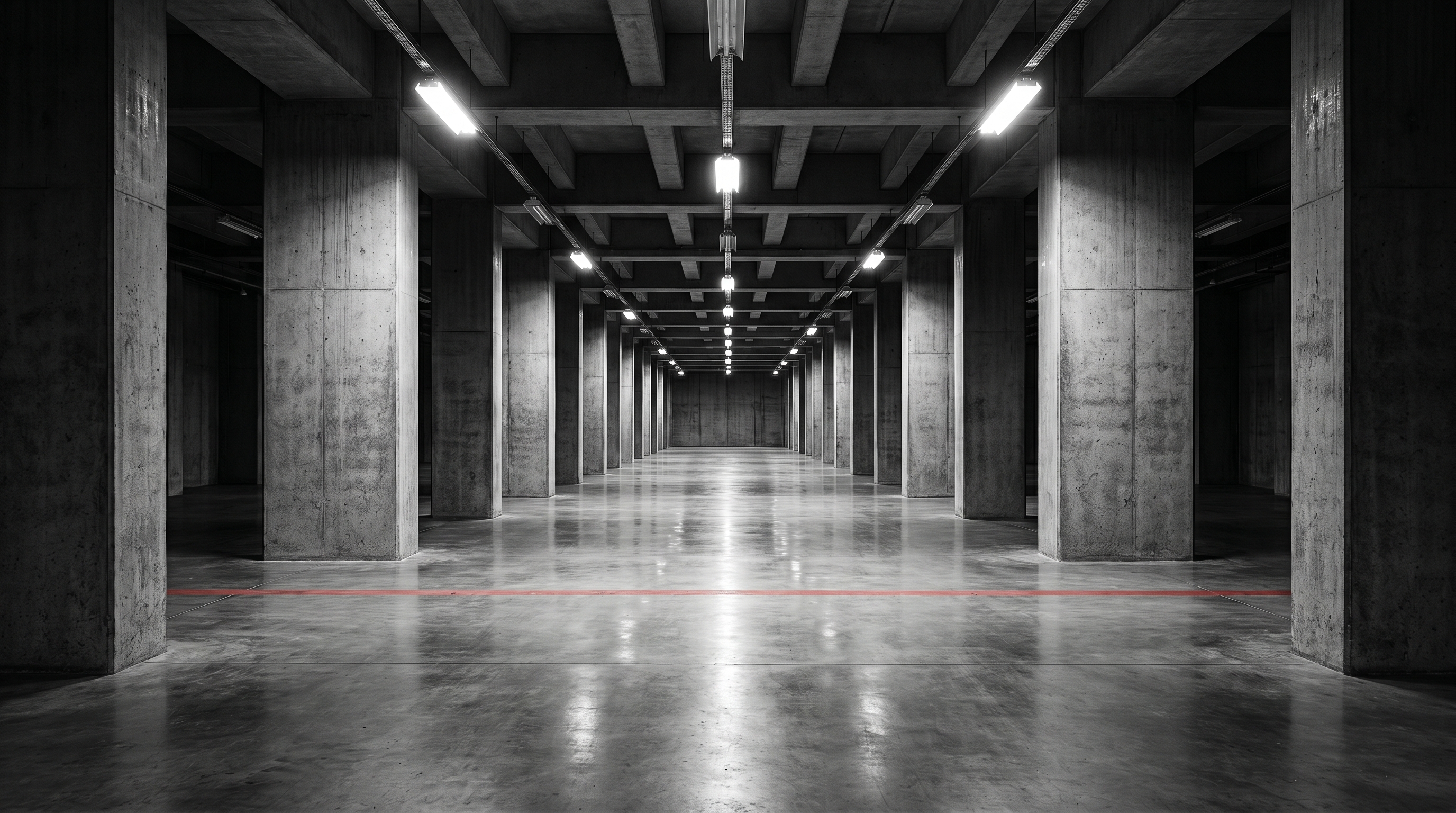 Brutalist concrete corridor with a single red line across the floor