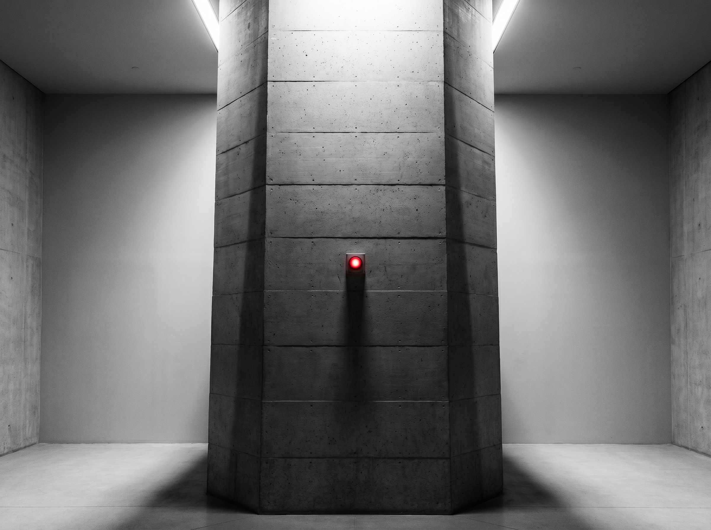 Monolithic brutalist concrete column with a single red indicator