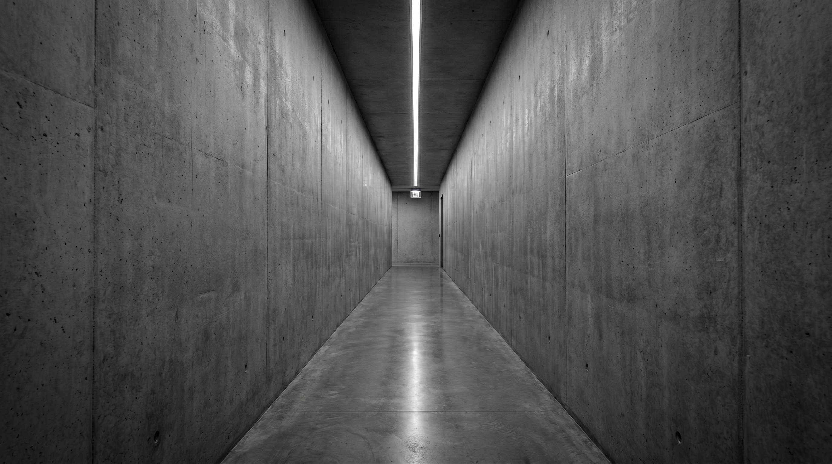 Brutalist concrete corridor with a single red exit sign at the far end
