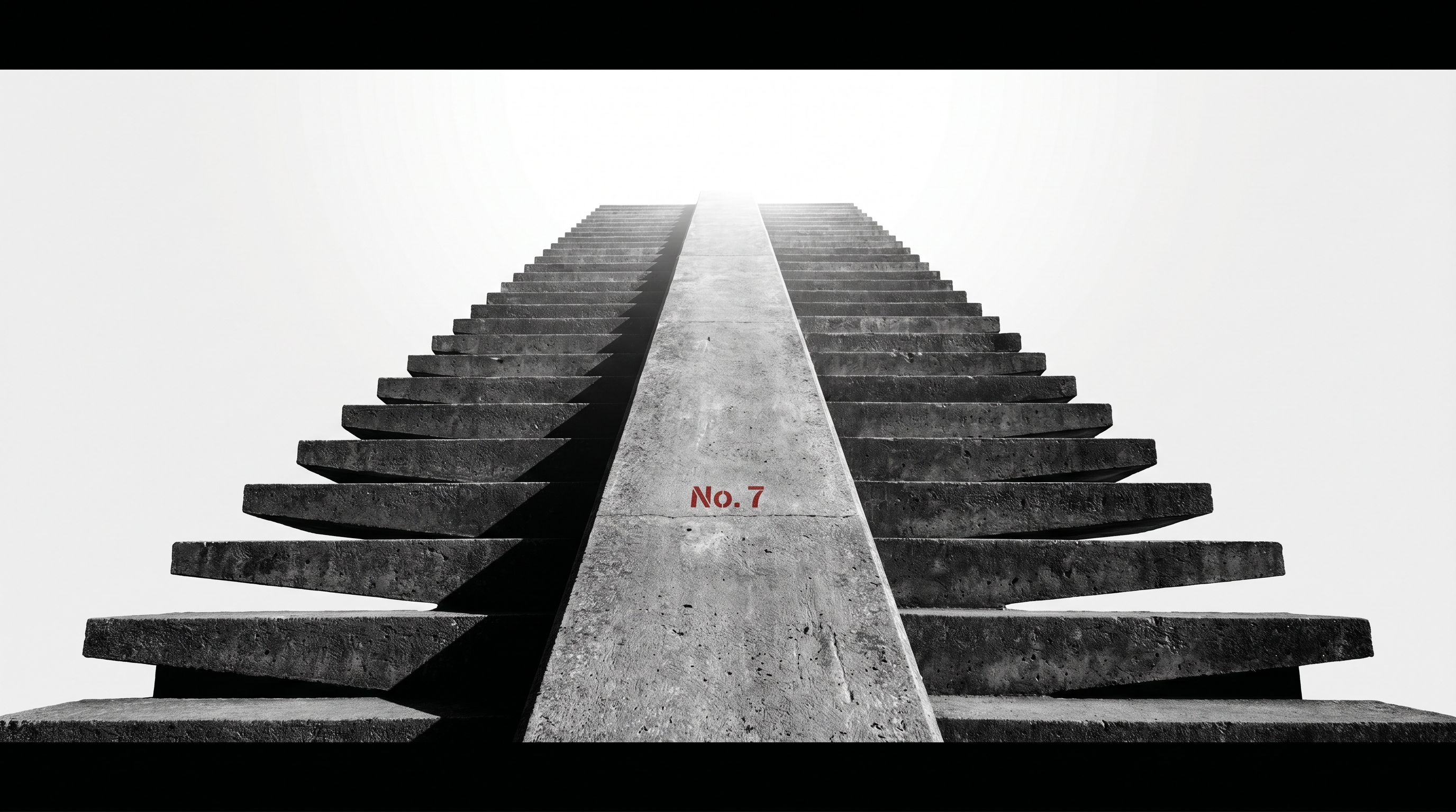 Brutalist concrete stairway ascending into white sky