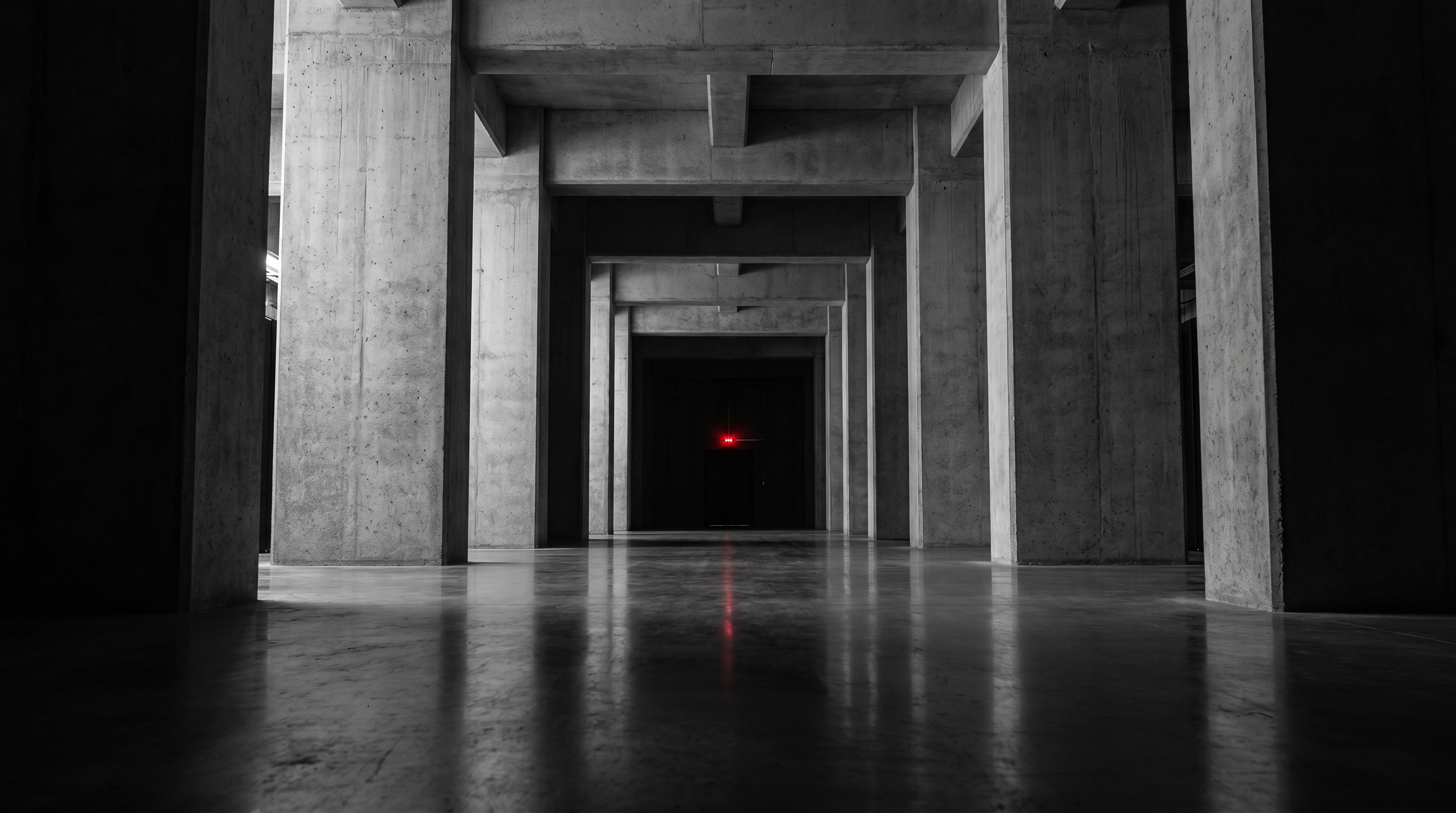 Brutalist concrete corridor with massive columns receding into darkness and a single red indicator light at the far end
