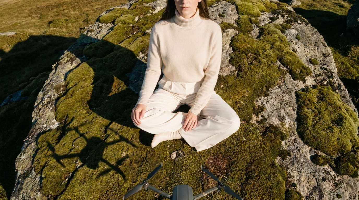 Model in cream cashmere seated on moss-covered mountain rock